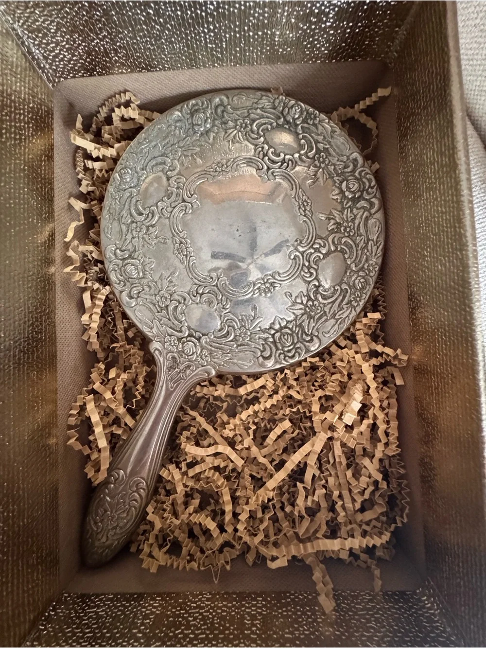 Vintage Silver Plated Victorian Style Vanity Hand Mirror Ornate Floral